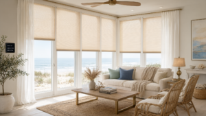 Several windows overlooking the beach in a coastal home have cellular shades.