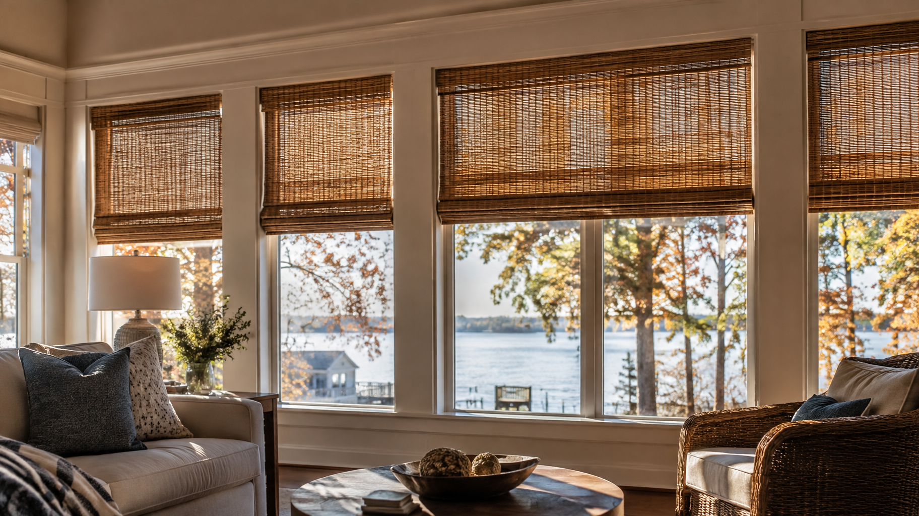 Virginia Beach home has large windows with woven wood shades.