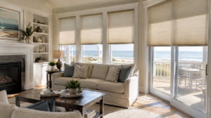 A coastal living room has honeycomb shades on the windows.