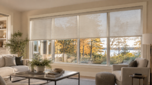 Large windows in a Virrginia Beach home are covered with roller shades.