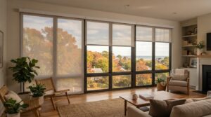 A home with large windows with solar shades looks out over an autumn landscape.